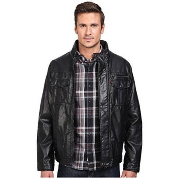 Levis Black Sherpa Lined Vegan Leather Moto Aviator Jacket Men Size Small - Picture 1 of 9